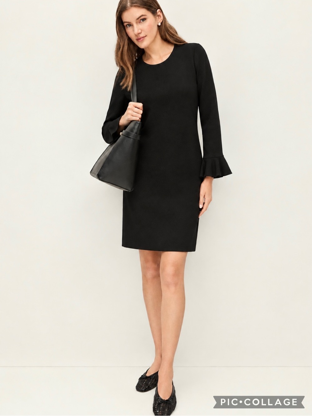 Ann Taylor Dress Ruffle Cuff A-Line Black Shift Stretch Knit Mini S Quiet Luxury